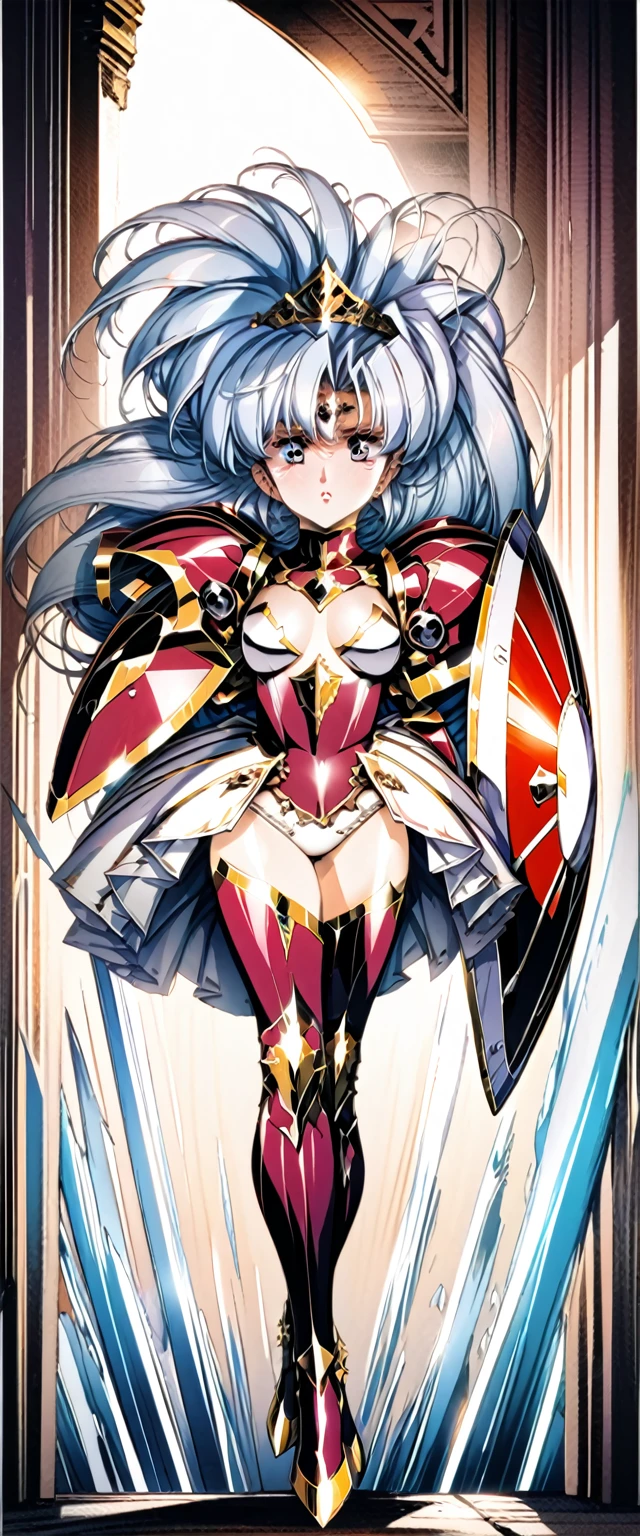 (Perfect Anatomy)、Mastepiece、Ultra High Quality、 8k、masterpiece、Highest quality、Ultra-high resolution、Maximum resolution、Very detailed、Professional Lighting、anime、woman、thin、so beautiful、Highly detailed eye、Highly detailed face、Blue and white armor, , Golden decorated luxury tiara，Golden earrings，Frilly Armor，Light blue hair, blue eyes，White underwear、Gloss Lip、Pink Lips、grassland, full body, dynamic angle, dynamic pose, Heroic pose, pillars of ice, (((long sword))), (((shield))), Defending with water magic, goddess armor, high heels, floating hair, Detailed armor patterns