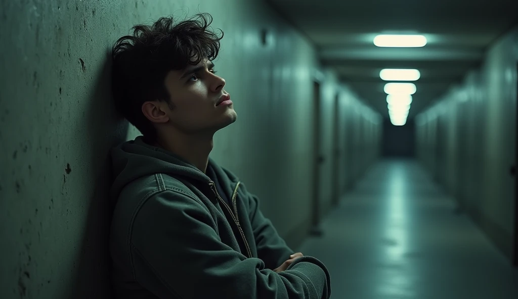 A young man is sad, feeling shy and worried, and leaning his head against the wall.