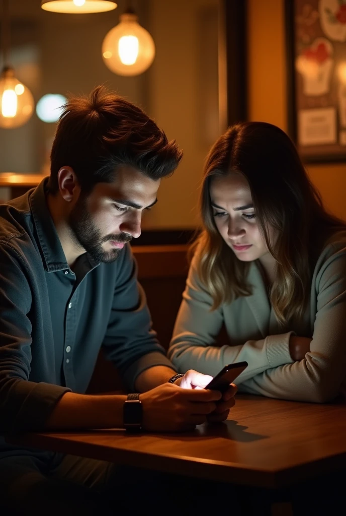 a man posting love quotes on his phone while his girlfriend is behind being sad because he’s not giving her attention.show his screen that posing love quotes. Show his screen 