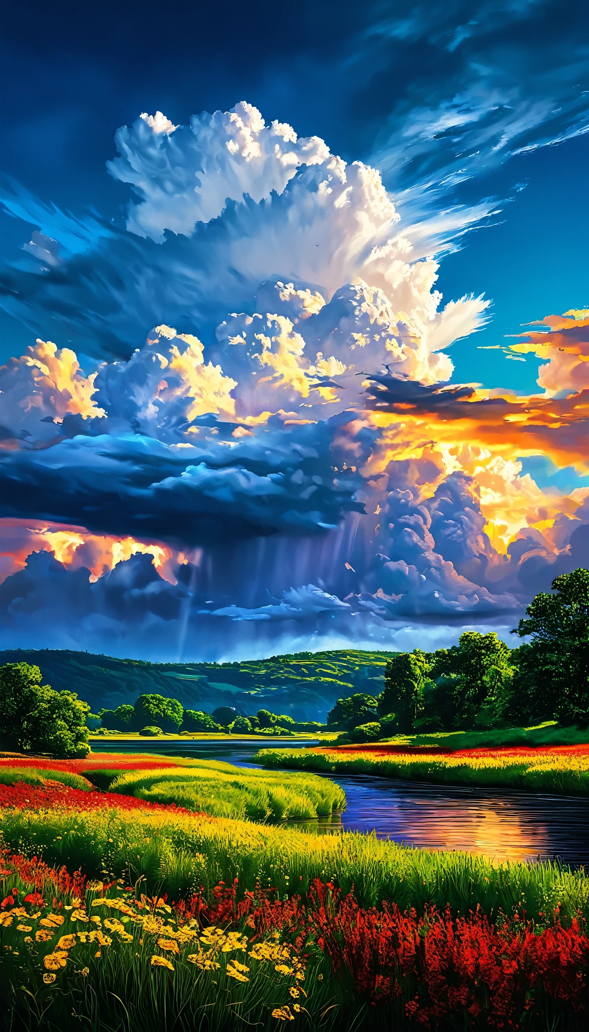 Summer sky (painterly style), Realistic, highly Realistic, Attention to detail, breathtakingly Realistic, High contrast realism, High Saturation Realism, Vibrant colors, Dramatic lighting, Fascinating landscape, Persuasive storytelling, Atmospheric scene, Captivating visuals, Intricate details, Strong emotions, Heavenly Beauty, A dreamlike world