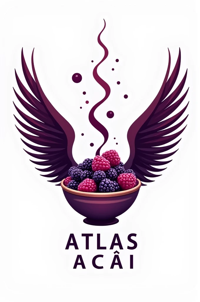 Create a logo for my açaí shop with a wing holding a large bowl of açaí on its back and the name written as Atlas açaí