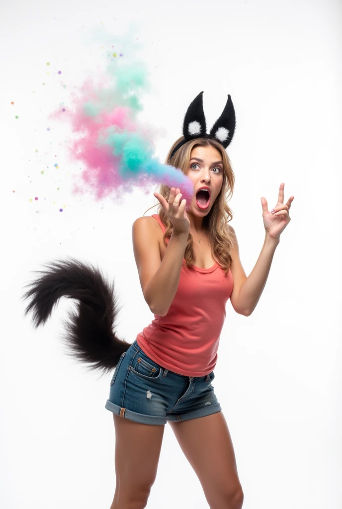 woman, with skunk tail and skunk ears, farting from butt, shit, white background