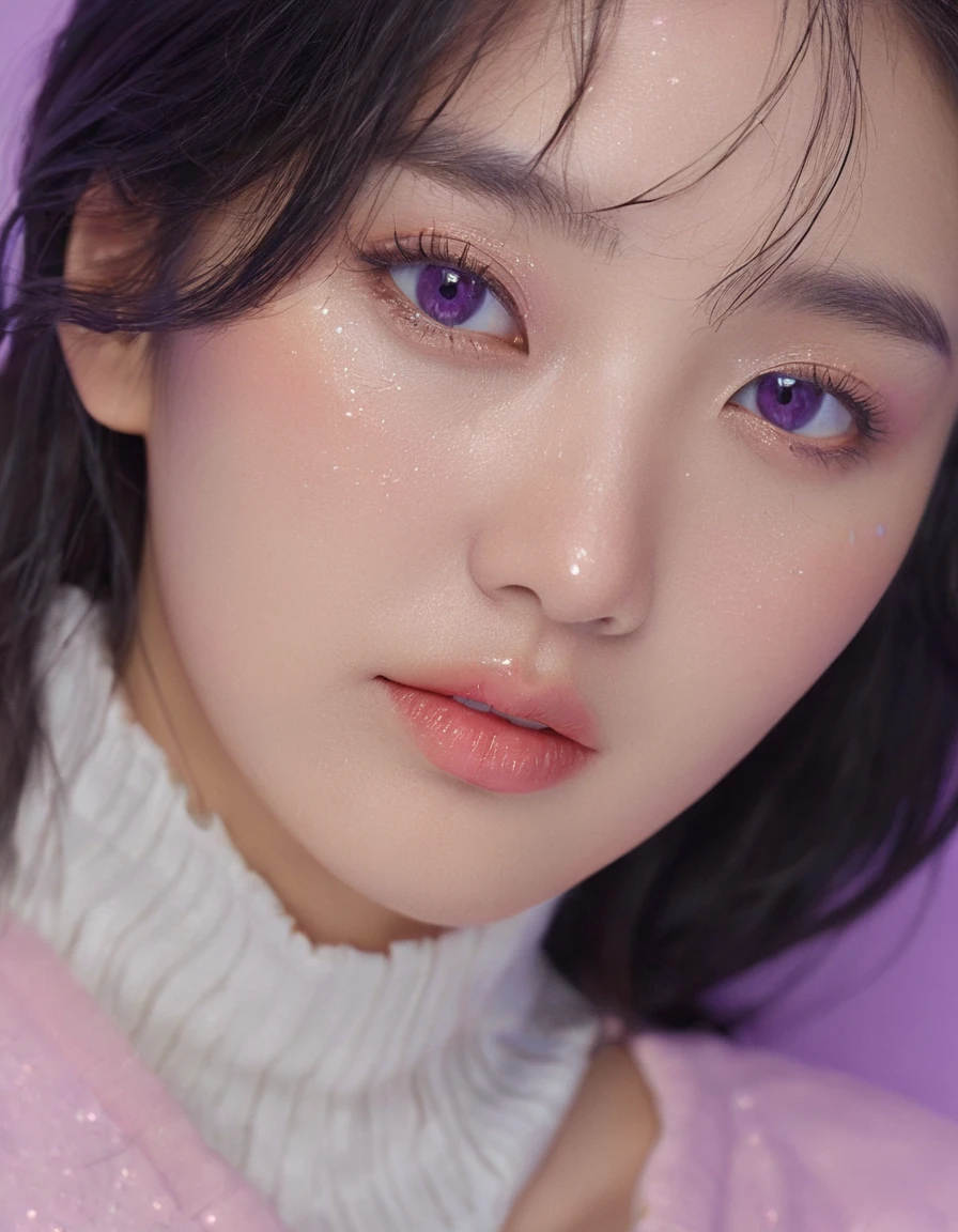 An extraordinarily detailed wide close-up portrait on the edge of canvas image of korean girl k-pop idol, wide canvas image.,  Her face is adorned with intricate skin texture wet glossy make up realistic, while her long black hair with shade soft purple, high contrast, upscale sharpness:1.4, neon background, unreal engine, space cyborg style. Wear antena,The background features a soft contrasting with her, This captivating image was expertly captured with a Fujifilm XT-10 camera, delivering an ultra-high 8K resolution for breathtaking detail. The hyper-realistic photo exhibits the skill of award-winning photography. Wet and glossy make up realistic:1.4, Photorealsitic)、(intricate detailes:1.2)、(​masterpiece、:1.3)、beauty face, (top-quality:1.4)、(超A high resolution:1.2)、超A high resolution、(A detailed eye)、(detailed facial features), ((Realistic lighting、top-quality、8K、natural light, ​masterpiece:1.3))、bright photo, Clear focus:1.2、1girl in、flawless beauty:1.4、Superfine Face、big Narrow-eyed、double eyelid、photos realistic, perfect eyes, perfect skin, detailed skin, detailed face, looking viewer, front view, potrait, raw photo, simple soft pink background, (intricate detailed skin textured:1.4) (Highest quality:1.3), (sharp focus:1.5), (skin_textures:1.2), (photorealistic:1.3), (highly detailed skin), (detailed face), (high detailed skin:1.2), (glistening skin:1.15), cinematic colorgrading film, dramatic scenes, photography, RAW, Masterpiece, ultra wide angle, Ultra Fine Photo, Best Quality, Ultra High Resolution, Photorealistic, volumetric light, Stunningly Beautiful, half body, Delicate Face, Vibrant Eyes, RAW photo, glossy wet make-up, photo position on the left edge