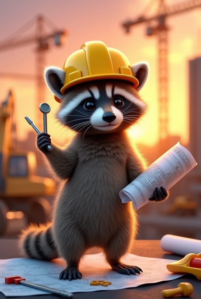 A raccoon wearing a civil engineer's helmet