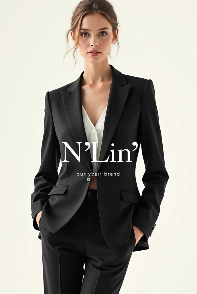 Create a fashion poster featuring a women's blazer as the main product, with the brand name 'N'Lin' prominently displayed in the image. The poster should exude elegance and sophistication, appealing to young women with a refined and trendy sense of style. Use a minimalist design with a clean background, focusing on the blazer's details and quality. The typography should be sleek and modern, and the placement of 'N'Lin' should be tasteful yet noticeable, reinforcing the brand's identity within the high-fashion market.
