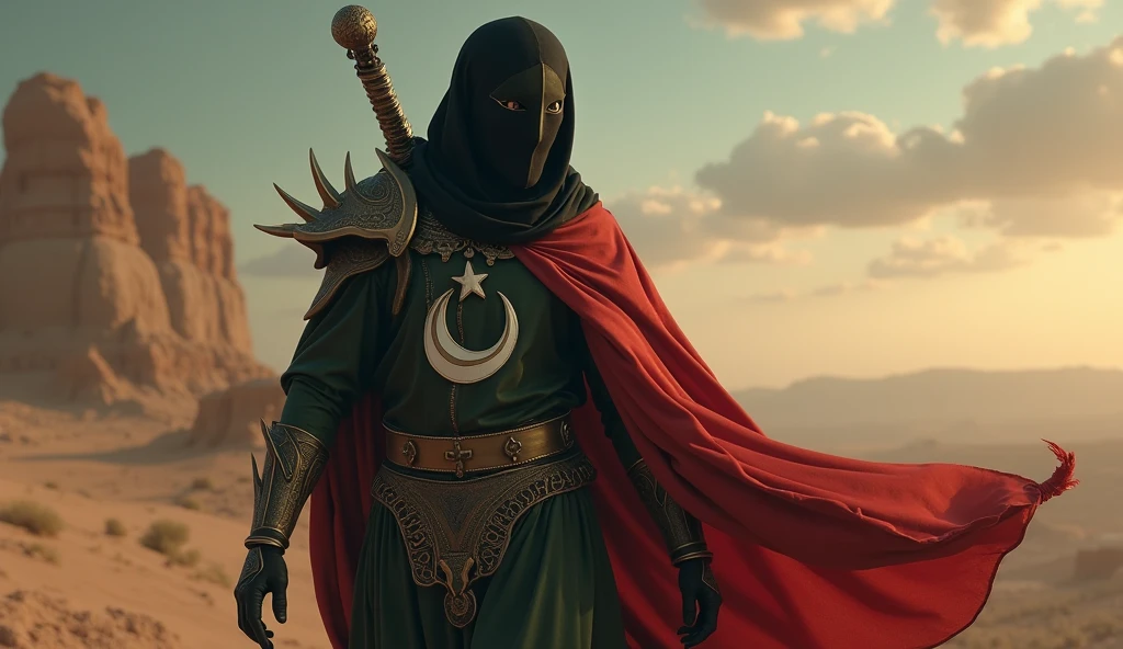 Libya as a muslim african League of Legend creature in black, red and green with a white crescent moon and a white five-pointed star. Intricated clothing. Cinematic Fantasy sci-fi landscape background