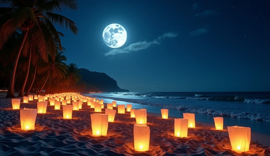 (moonlit night),(on the beach,crashing waves),(dramatic lighting),(silhouettes),(sparkling sand),(peaceful and relaxing atmosphere), 100s of paper lanternsin sky, lots of paper beautiful lanterns in sky, beautiful huge moon