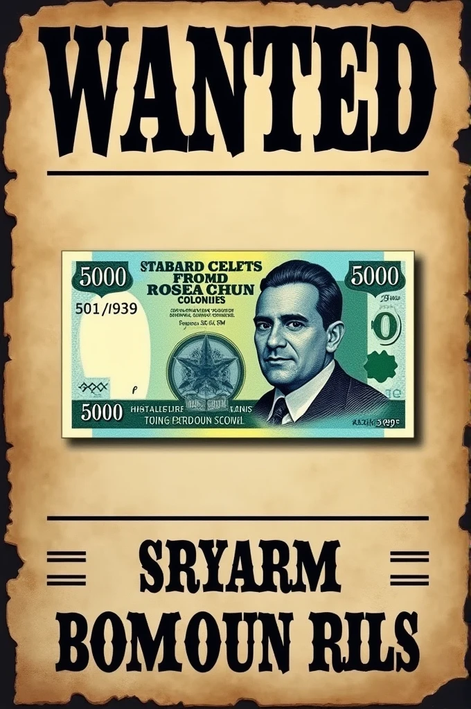 Wanted poster with an image of a 5000 Costa Rican colones bill