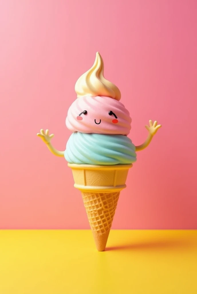 vibrant pink and yellow background. Image of an ice cream cone. The lucky ball has a belly button and hands