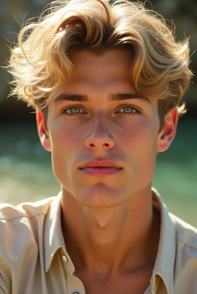 A guy about twenty years old, with blonde and wavy hair, upturned nose and green eyes, with long eyelashes and thick pink lips. White skin, very handsome and with a half smile