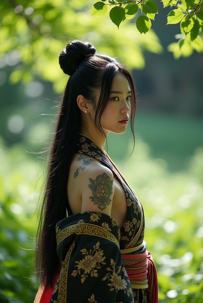 (photorealism:1.2), japanese shamaness young beautiful cute woman black long hair , traditional garments, outside nature tattoos historical  Japan
