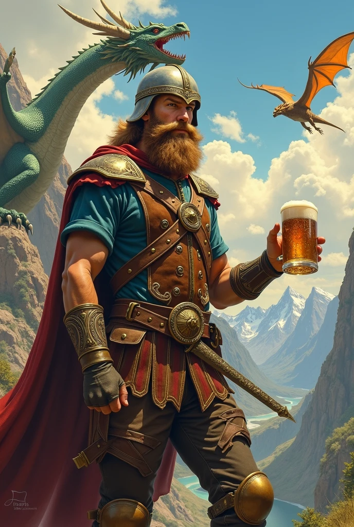 Pontus dressed in Tyrolen lederhosen with galea helmet, holding a sword and mead mug. Dragons in the background. Style classic oil painting
