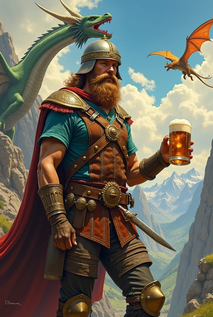 Pontus dressed in Tyrolen lederhosen with galea helmet, holding a sword and mead mug. Dragons in the background. Style classic oil painting
