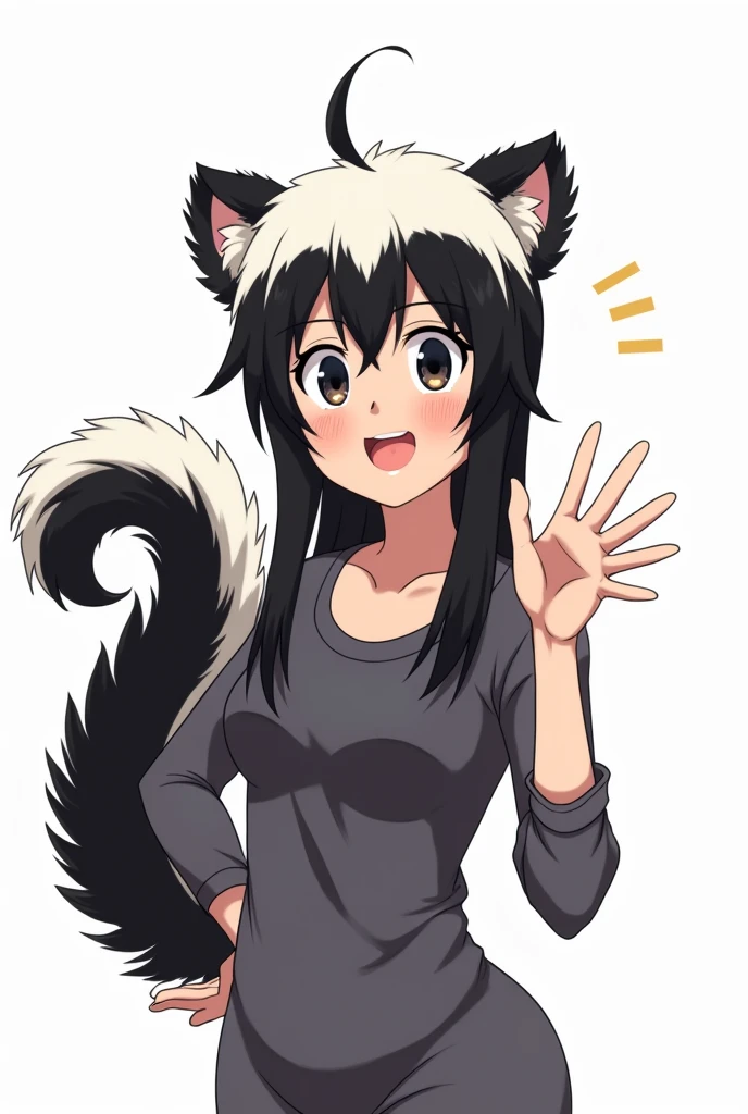  anime woman, with skunk tail and skunk ears, farting from butt, shit, white background