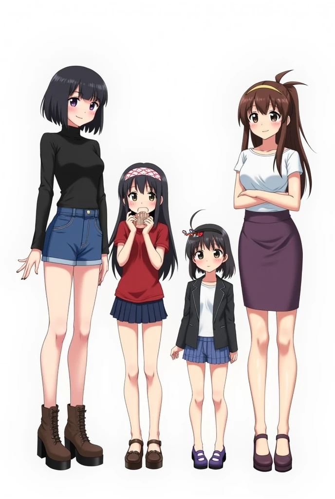4 anime girls, standing and facing forward, separated from each other, different poses, The 4 have different heights, I wear a high, chunky heel., They wear shorts that are short to mid-buttock., She's wearing a short black blouse, Short Layered Black Hair. very detailed, a lot of makeup, stylized figures, detailed skin colors, the background is white. high quality.