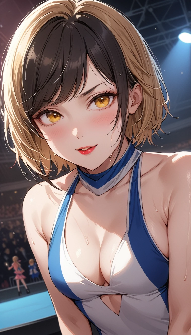 ultra-high resolution, 1 girl, 18-years old, (idols:1.4), (Sakura Hagiwara :1.4), (beautifull detailed face:1), 1 girl:1, 18-years old, cinematic light, ,ambient lighting, (((Perfect Anatomia:1.10))), (well-detailed face:1.2), (Representative works:1.5), (best qualityer:1.2), gazing at viewer, lipstick, V-shaped eyebrows, V-line jaw, ((Avoids clothes biting the skin)), Sexually suggestive faces, (The background is blurred), shiny texture, high winds:1.3, (Long black hair blowing in the wind:1.3), (face perfect:1.4), (beautiful detailed eyes), ((blue colored eyes:1)), ((shining skin:1.2)), (Extremely smooth skin expression), ((sweaty skin:1.3)), Caucasian skin, 苗条, Narrow Nose, (narrow waisted:1), (olhos amendoados:1), sharp looking eyes, (charmer smile:1.2), (Bust Big:1), There is cleavage in the chest, bangss,tilt your head,  light-makeup, small ass,  ((Professional wrestling match venues:1.3)), ((Inside the professional wrestling ring:1.3)), ((Sexy and sparkling wrestling outfits:1.3)), (Snow White's sexy wrestling costume:1.3), (( A complex design of pure white wrestling costume with red lines:1.3)), (Long patent leather wrestling boots), Fingertip leather gloves,  ((Low - Angle)),