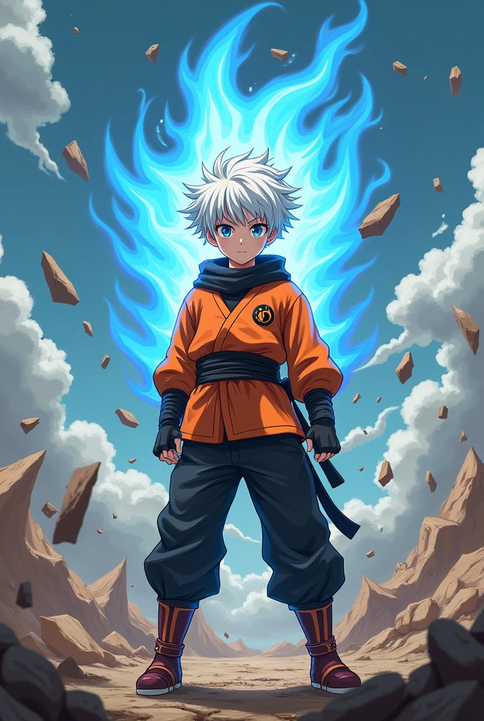1 boy, ager, short white hair and blue eyes solo, boy, cute and stylish orange and black outfit, jujutsu kaisen anime style art, epic fight scene, preparing a blue flame strike, going into battle, destroyed fight background