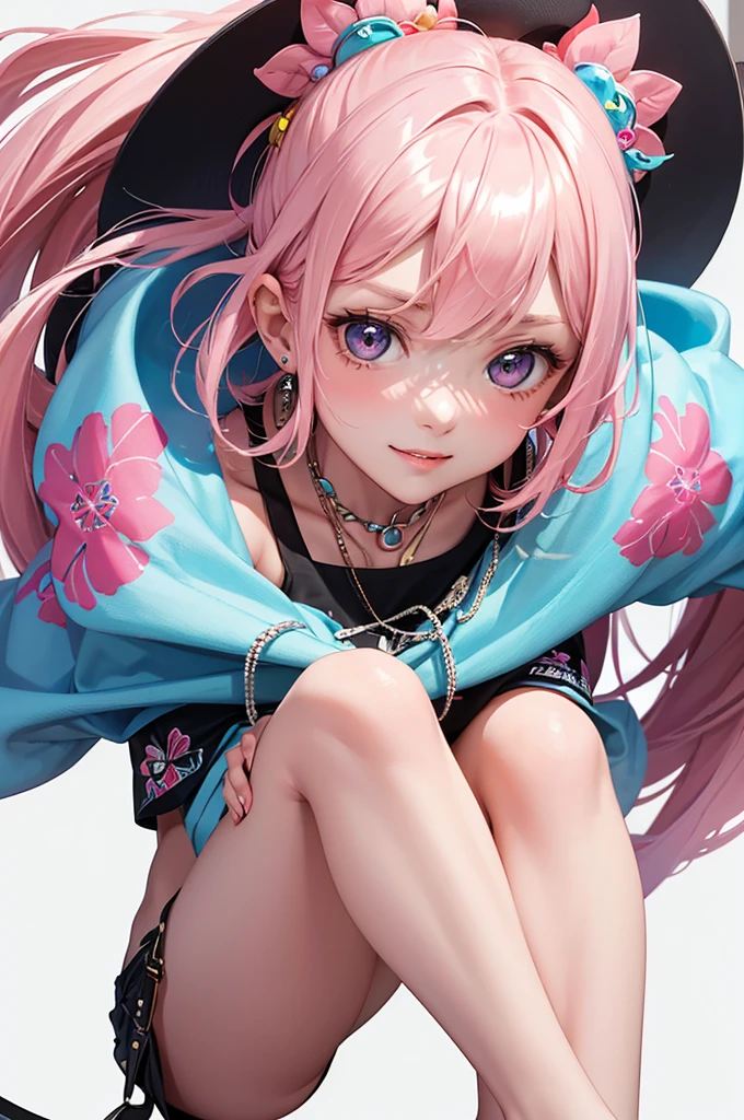 Best Quality,High resolution,8k,(plain white background, no patterns, no textures, just a plain white background:1.3),Masterpiece:1.2),beautiful girl,Shiny pink hair,messy hair,Pink eyes,A girl in a vibrant, oversized graphic tee or tank top with a striking design or bold colors, paired with high-waisted shorts made of lightweight, colorful cotton or patterned fabric. She is wearing eye-catching sneakers with unique patterns or platform sandals with bright straps. Accessories include chunky, layered necklaces and statement earrings,Gentle look,A refreshing look,smile,Best quality,Best Quality,Aesthetic and aesthetic:1.2,Best details((Super detailed))(High-definition CG illustrations),Slender body,smile,blush,cute,Scrounge,Looking up,Being spoiled,super model