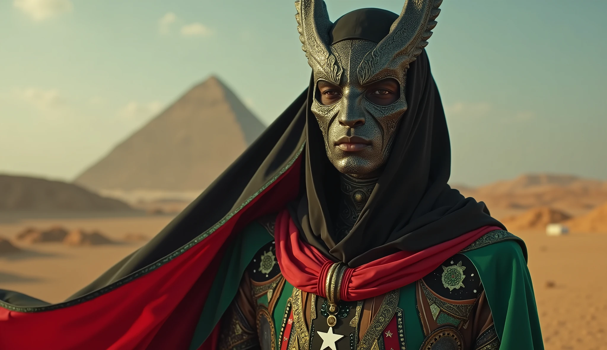Libya as a muslim african League of Legend creature in black, red and green with a white crescent moon and a white five-pointed star. Intricated clothing. Cinematic Fantasy sci-fi landscape background