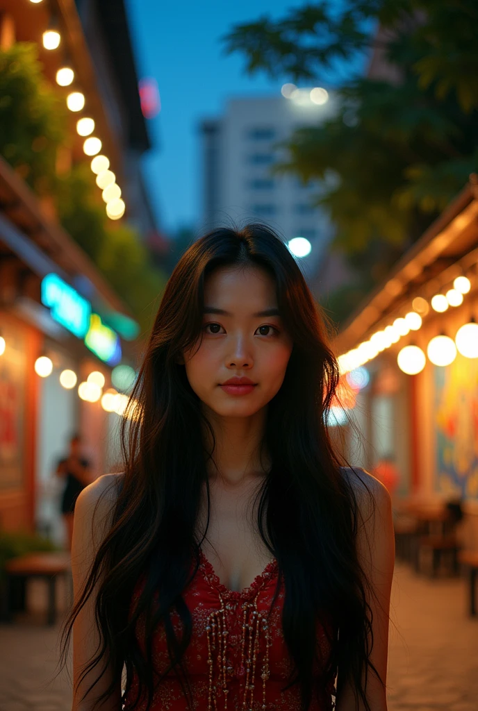 Make a beautiful Japanese woman in Belo Horizonte at night