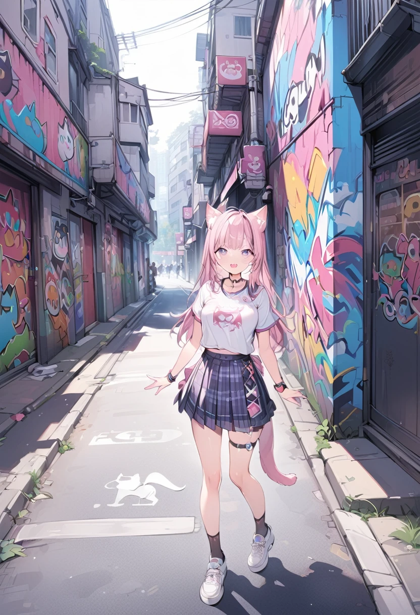 koyo_jk, konkoyo, 1girl, solo, skirt, pink hair, animal ears, tail, long hair, socks, plaid, plaid skirt, purple eyes, animal ear fluff, short sleeves,Cat mouth,Graffiti style, a0b, scenery, masterpiece, best quality, Street art, vibrant, urban, detailed, tag, mural,outdoor,Cat mouth