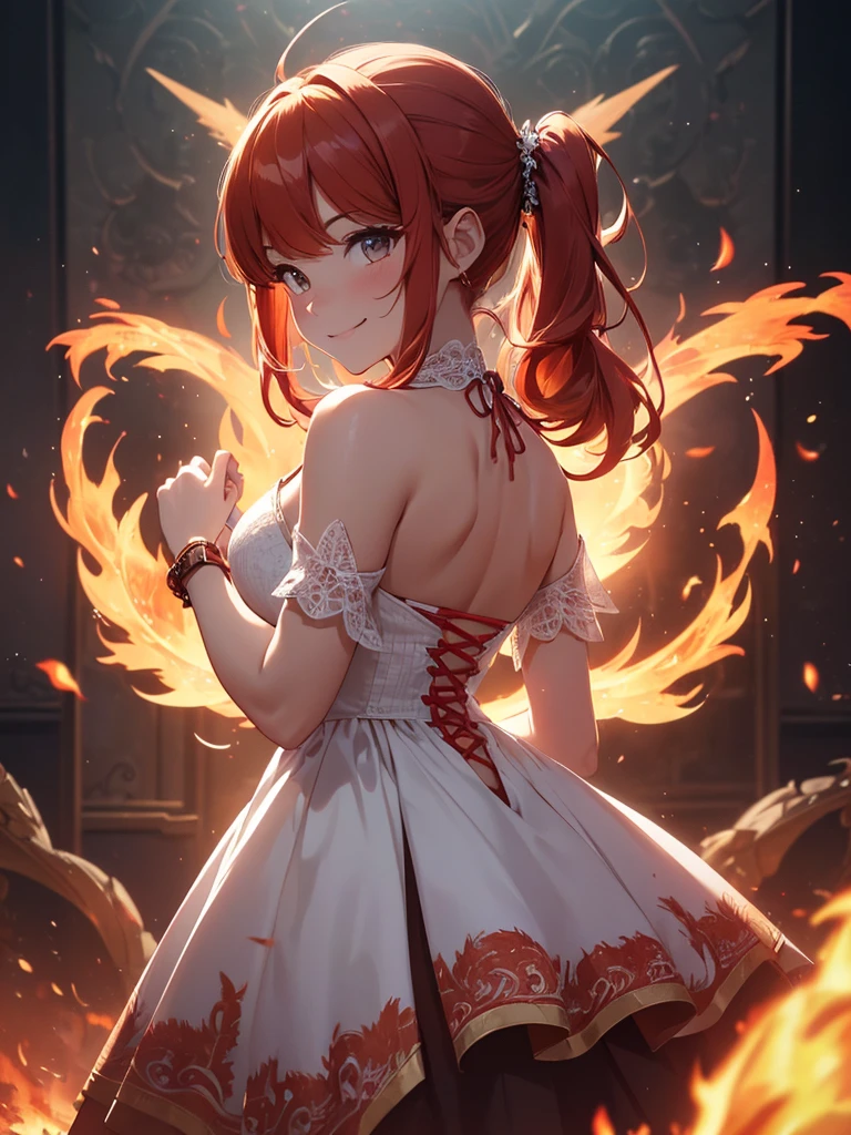 (((best quality, sharp image, clear image, cinematic lighting, 8k resolution, masterpiece, ultra detailed, intricate))) Girl, (((looking over left shoulder))), (shot from behind), ((shot from hip up)), fiery red hair, pigtails, ((white dress)), ((flaming sigils, flaming runes)), spiky rock formations, (flaming lotus flowers frame), (intricate background), ((Phoenix)), (swirling flames), smiling