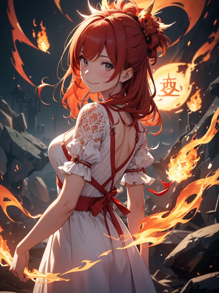 (((best quality, sharp image, clear image, cinematic lighting, 8k resolution, masterpiece, ultra detailed, intricate))) Girl, (((looking over left shoulder))), (shot from behind), ((shot from hip up)), fiery red hair, pigtails, ((white dress)), ((flaming sigils, flaming runes)), spiky rock formations, (flaming lotus flowers frame), (intricate background), ((Phoenix)), (swirling flames), smiling