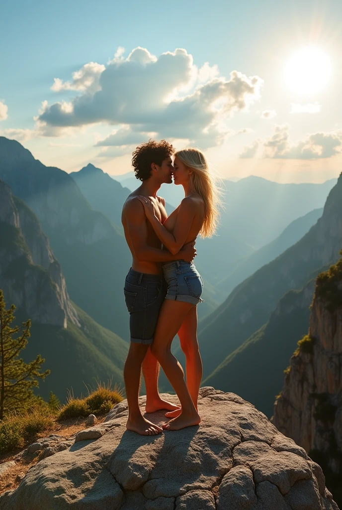 A nude woman showing her high heels and a man sucking her breast kneeling in front of her, 6 pack abs, cute face, river, mountains, forest