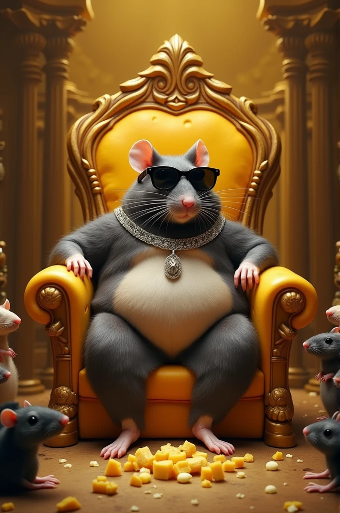 A rat with big mass of cheese who is sitting on a throne surrounded by rat slaves who give their cheese to him. And he wears a cool black sunglass with expensive silver chain necklace