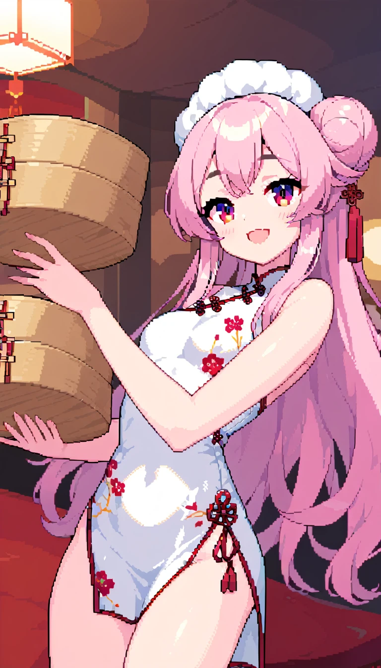 masterpiece, Highest quality, 8k, Pixel art, Pixel art, Vivid, ((1girl)), young woman, smile, cute, Turning at an angle, Open your mouth, Fluffy hair, Long Hair, Hair like sheep's hair, Pink Hair, eyebrow, 太いeyebrow, China dress, Chignon Cap, (Highest quality:1.0), (China Hotel), Holding a bamboo steamer in both hands, The sheep is on the steamer., Circular red rotating table