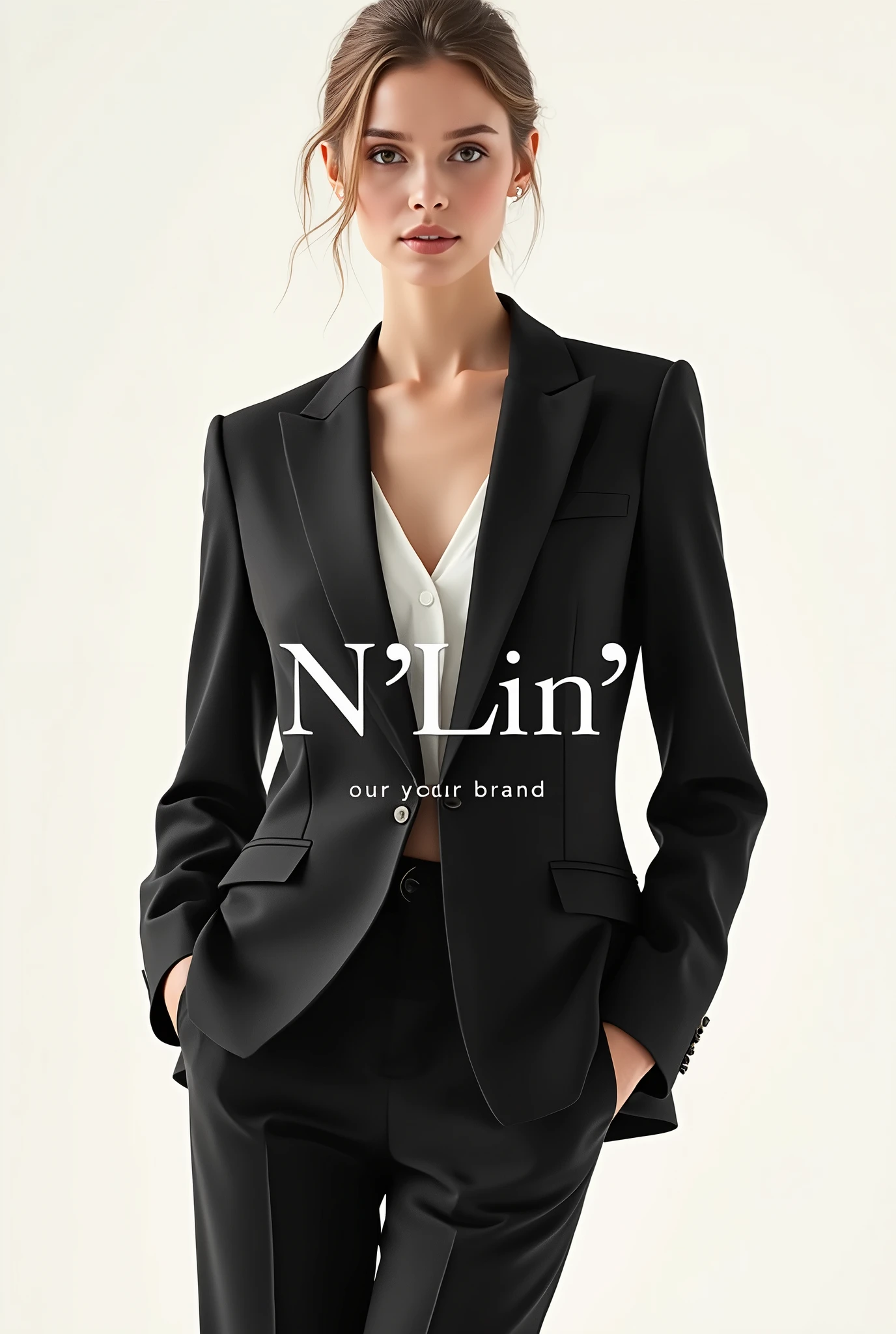 Create a fashion poster featuring a women's blazer as the main product, with the brand name 'N'Lin' prominently displayed in the image. The poster should exude elegance and sophistication, appealing to young women with a refined and trendy sense of style. Use a minimalist design with a clean background, focusing on the blazer's details and quality. The typography should be sleek and modern, and the placement of 'N'Lin' should be tasteful yet noticeable, reinforcing the brand's identity within the high-fashion market.