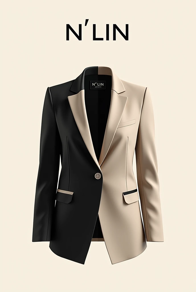 Create a fashion poster featuring a women's blazer as the main product, with the brand name 'N'Lin' prominently displayed in the image. The poster should exude elegance and sophistication, appealing to young women with a refined and trendy sense of style. Use a minimalist design with a clean background, focusing on the blazer's details and quality. The typography should be sleek and modern, and the placement of 'N'Lin' should be tasteful yet noticeable, reinforcing the brand's identity within the high-fashion market
