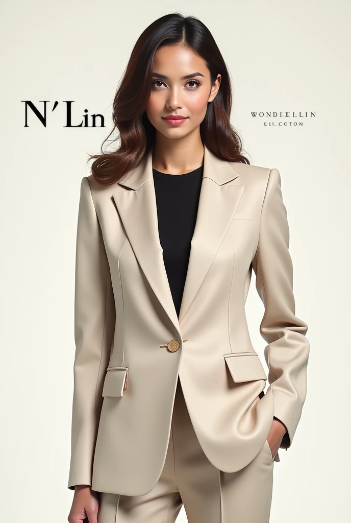 Create a fashion poster featuring a women's blazer as the main product, with the brand name 'N'Lin' prominently displayed in the image. The poster should exude elegance and sophistication, appealing to young women with a refined and trendy sense of style. Use a minimalist design with a clean background, focusing on the blazer's details and quality. The typography should be sleek and modern, and the placement of 'N'Lin' should be tasteful yet noticeable, reinforcing the brand's identity within the high-fashion market.
