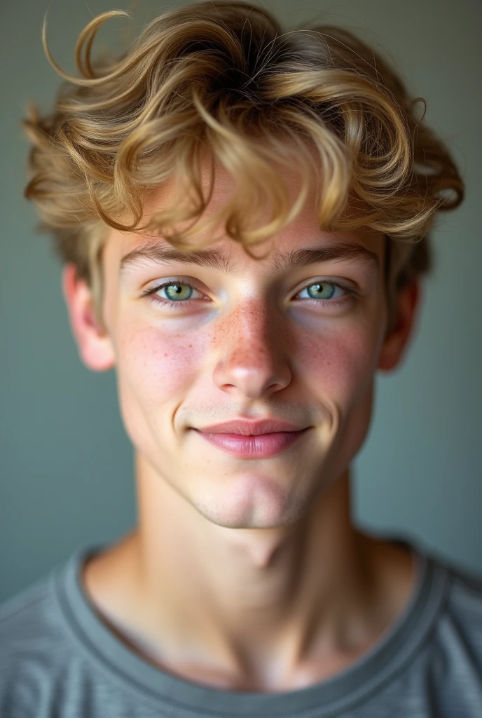 A boy about 19 years old, with blonde and wavy hair, upturned nose and green eyes, with long eyelashes and thick pink lips. White skin, very handsome and with a half smile