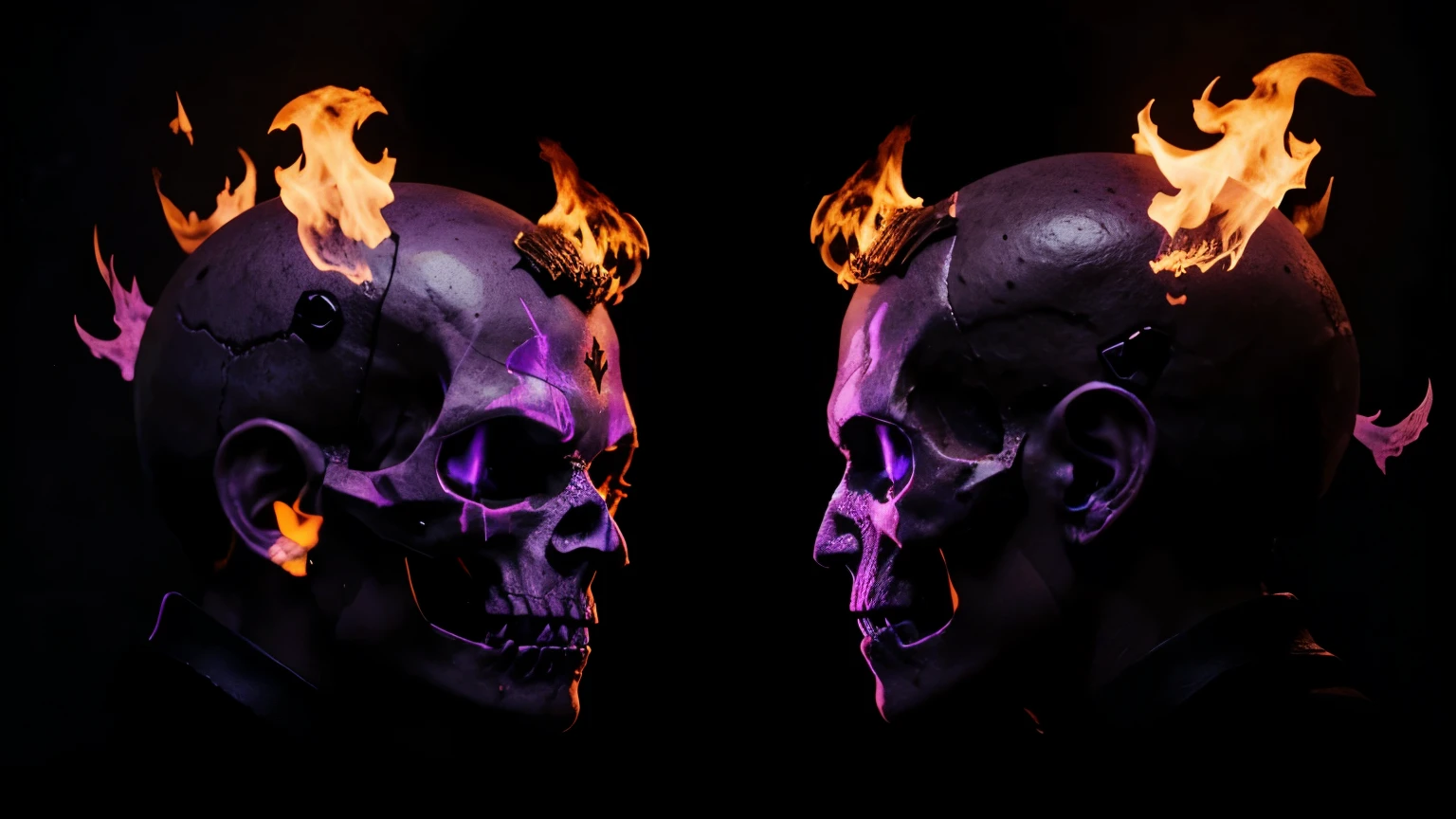 Shining skulls and purple flames on a black background
