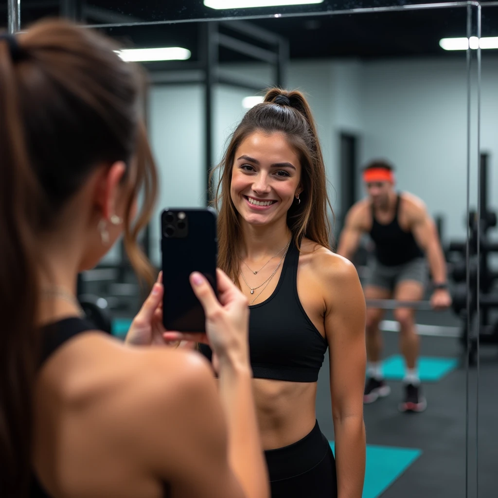 Brunette Instagram influencer, taking a selfie in the mirror at the gym, using an iPhone 15 Pro Max, cute smile, working out, a couple people in background