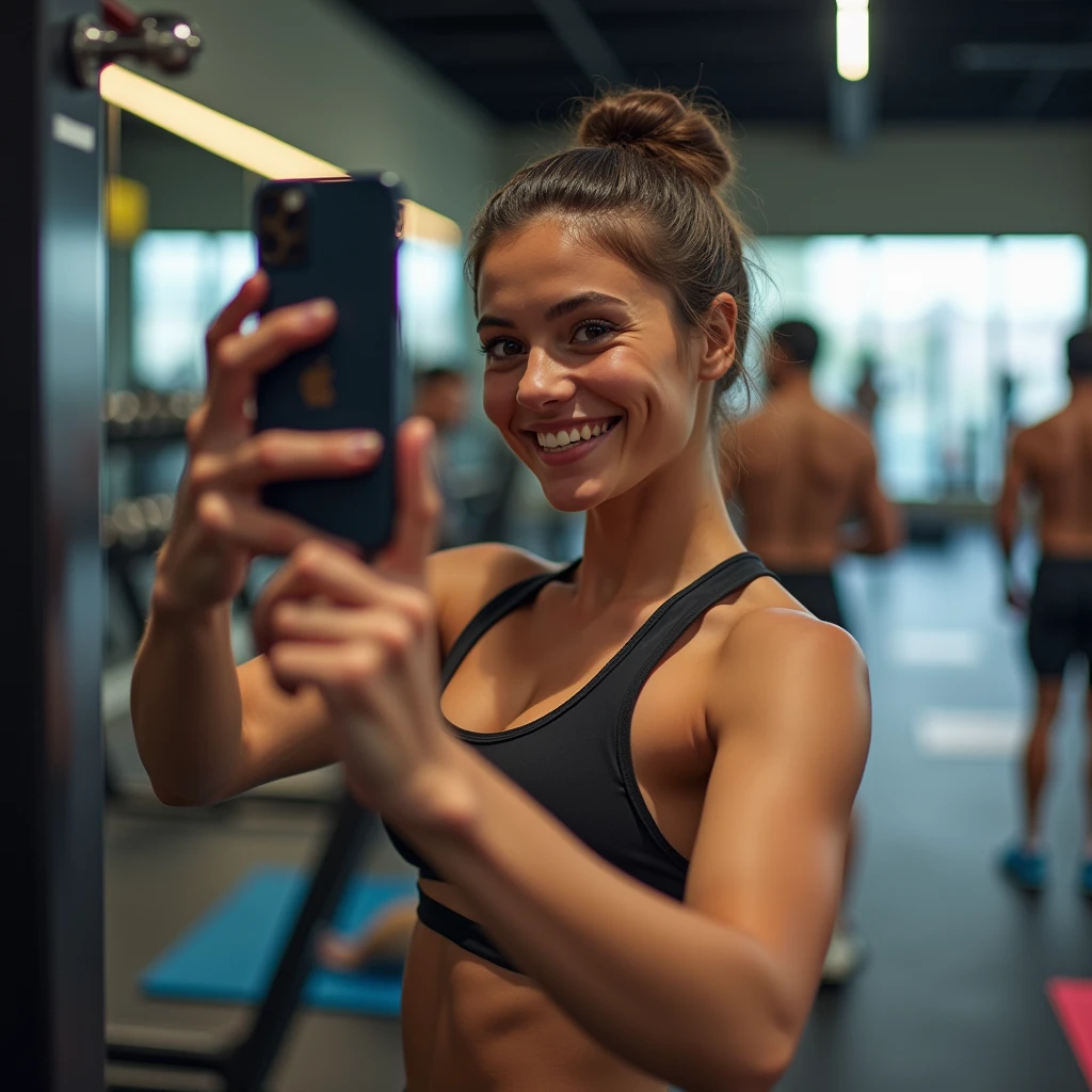 Brunette Instagram influencer, taking a selfie in the mirror at the gym, using an iPhone 15 Pro Max, cute smile, working out, a couple people in background