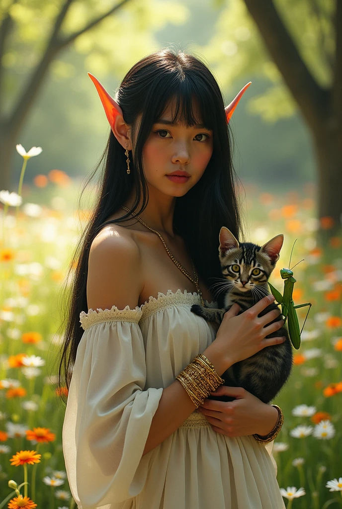 young woman, with black hair, long, straight and with bangs, with a white bohemian dress with bare shoulders, Elven ears and golden bracelets, with her nails painted green and a ring with the witch's knot symbol on her index finger, standing in a forest with flowers while beautiful rays of sunlight enter and illuminate her hair, petting a thin gray kitten with black stripes and a green praying mantis perched on his shoulder