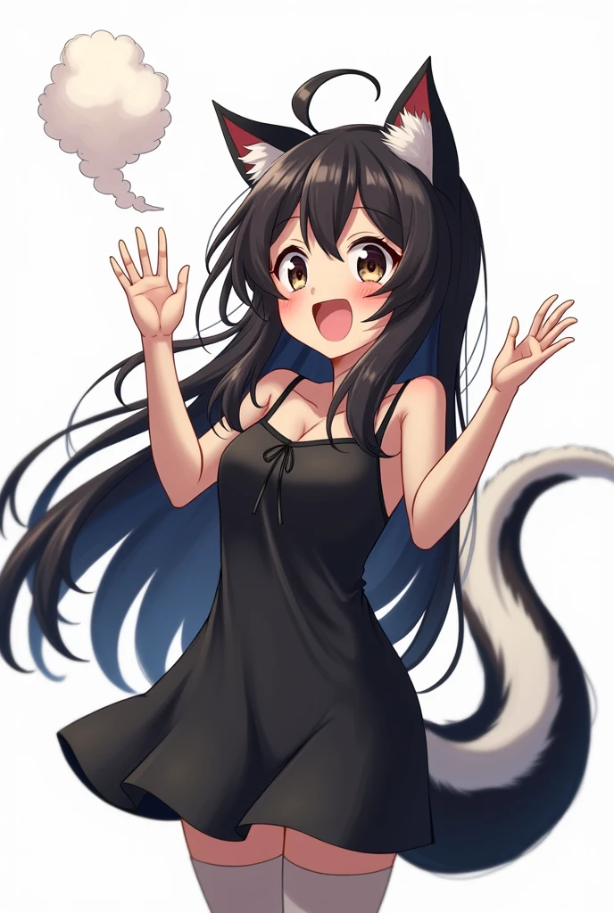  anime woman, with skunk tail and skunk ears, farting, white background