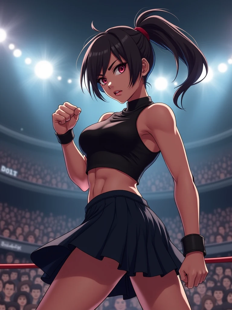 a close up of a person in a short skirt and a black top, fight pose, fighter pose, fighting pose, boxing stance, fighting stance, attack pose, mma southpaw stance, combat pose, in fighter poses, combat stance, anime pose, running pose, fighting game character, posing for a fight intricate, tifa, full body with dynamic pose