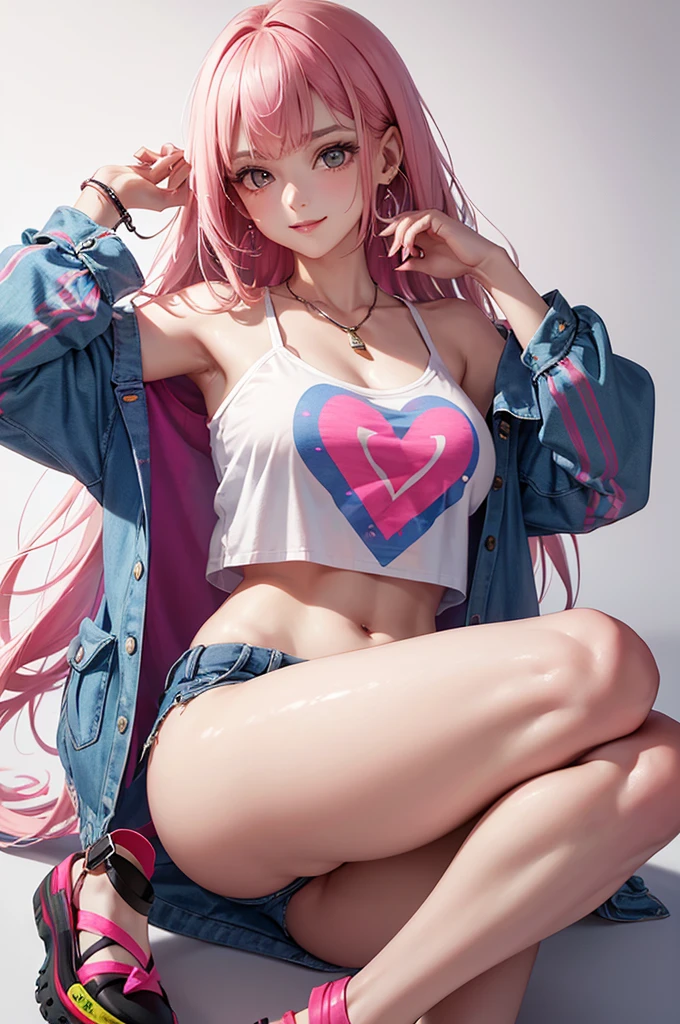 Best Quality,High resolution,8k,(plain white background, no patterns, no textures, just a plain white background:1.3),Masterpiece:1.2),beautiful girl,Shiny pink hair,messy hair,Pink eyes,A girl in a vibrant, oversized graphic tee or tank top with a striking design or bold colors, paired with high-waisted shorts made of lightweight, colorful cotton or patterned fabric. She is wearing eye-catching sneakers with unique patterns or platform sandals with bright straps. Accessories include chunky, layered necklaces and statement earrings,Gentle look,A refreshing look,smile,Best quality,Best Quality,Aesthetic and aesthetic:1.2,Best details((Super detailed))(High-definition CG illustrations),Slender body,smile,blush,cute,Scrounge,Looking up,Being spoiled,super model