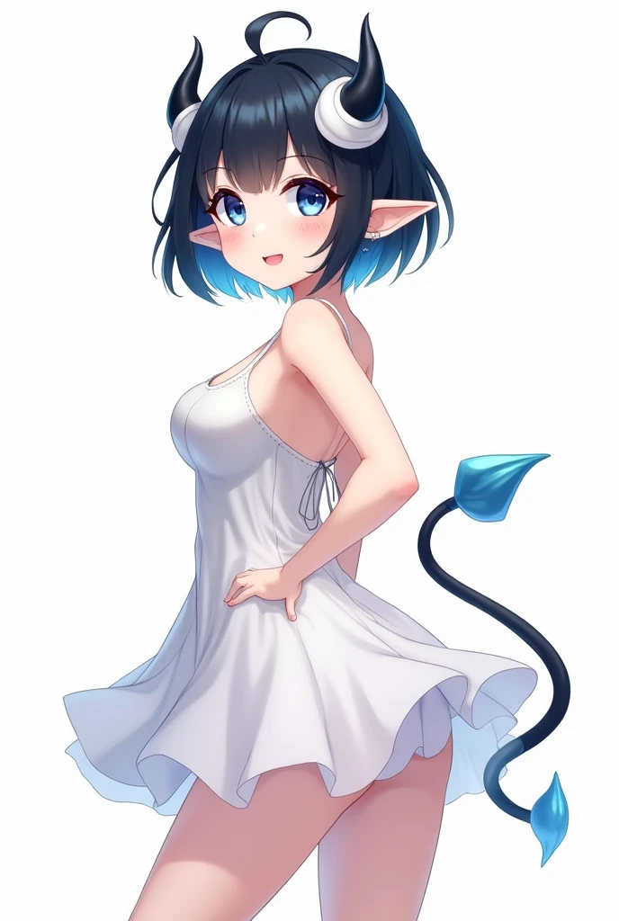 score_9, score_8_up, score_7_up,((best quality)), absurdnes, ((best quality)), CoquelinePXL, 1 femboy, feminine male, adult, 20 years old, black pupil, glowing blue iris, black sclera, blue skin, short peekaboo style hair((white outside, black inside)), pointy elf ears, bluish-black short demon horns, azure blue demon tail, short white dress, empire waist dress, mini skirt, translucent skirt, sleeveless, turtle neck, solid white background, solo, hand on waist, looking at viewer, big ass, small breast, flat chest, no cleavage, anime inspired art, lewd, seductive smile, bent over showing ass