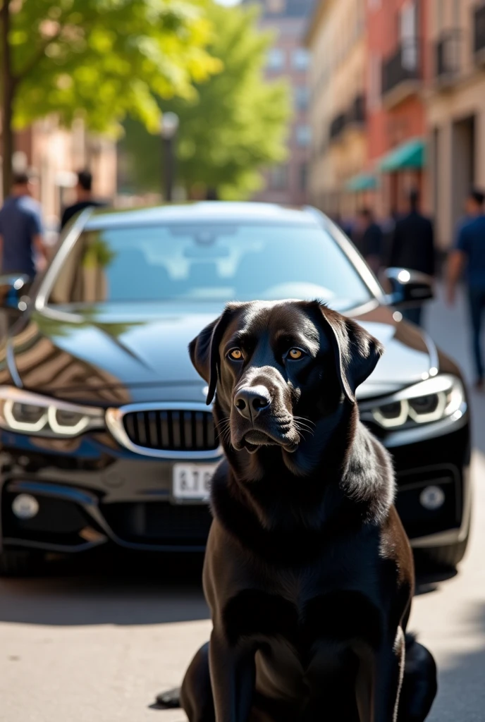 photo black dog in background black BMW car background