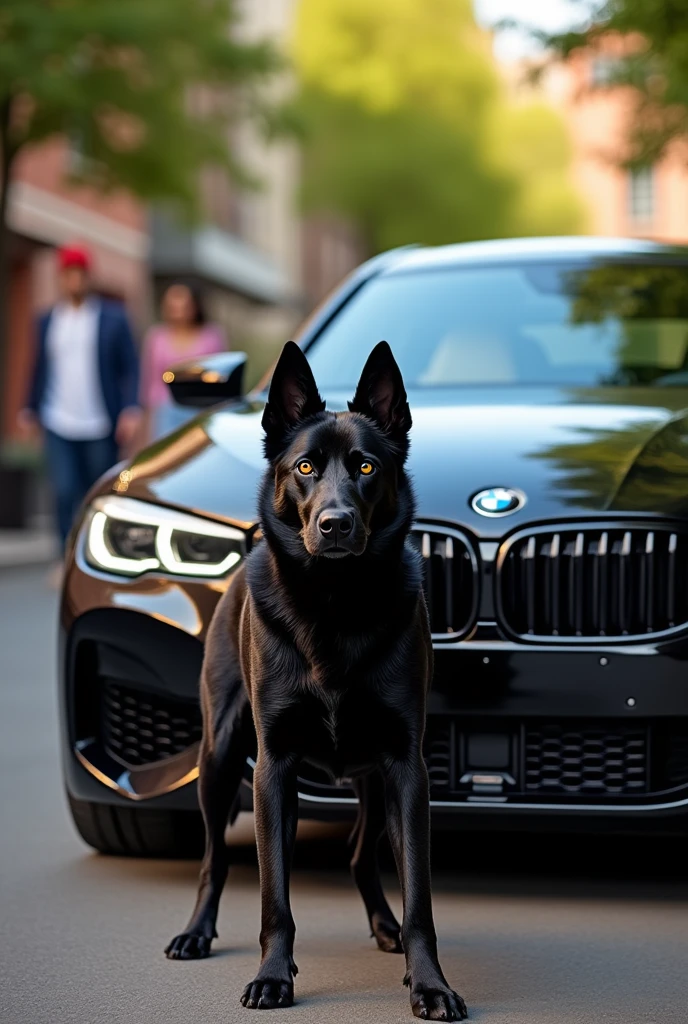 photo black dog in background black BMW car background