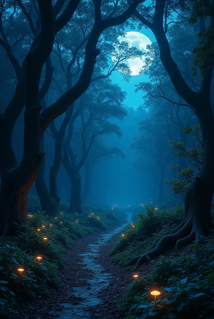 DARK FOREST WITH DETAILS MOON IN THE SKY WITH DETAILS