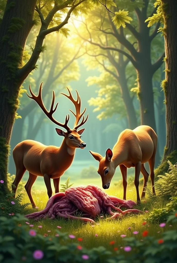 Two deer were eating lion's meat in the forest