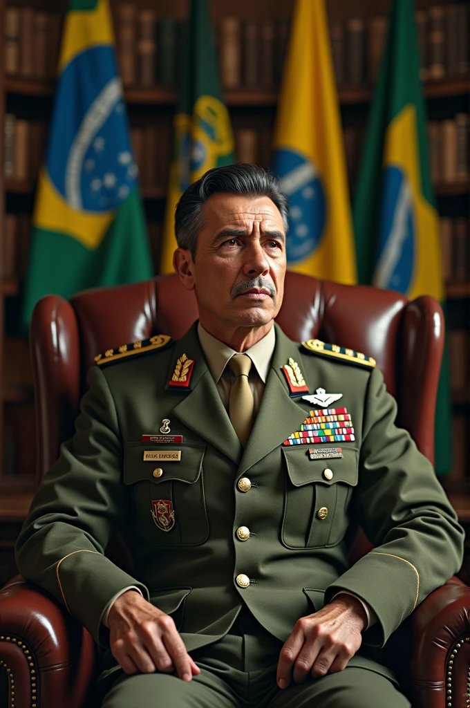 A realistic and detailed portrait of a Brazilian Army Colonel, with black and gray hair on the sides, and scarred scars in his eye. He is wearing a high-ranking olive green uniform of the Brazilian Army officer, adorned with medals and decorations. The background features an office of the Brazilian Army, with books and Brazilian flags, integralists and fascist, He is a realistic coat of arms, which contributes to the atmosphere of authority and respect. The veteran is sitting in a comfortable armchair, exuding wisdom and strength, and looking like a respected and esteemed leader