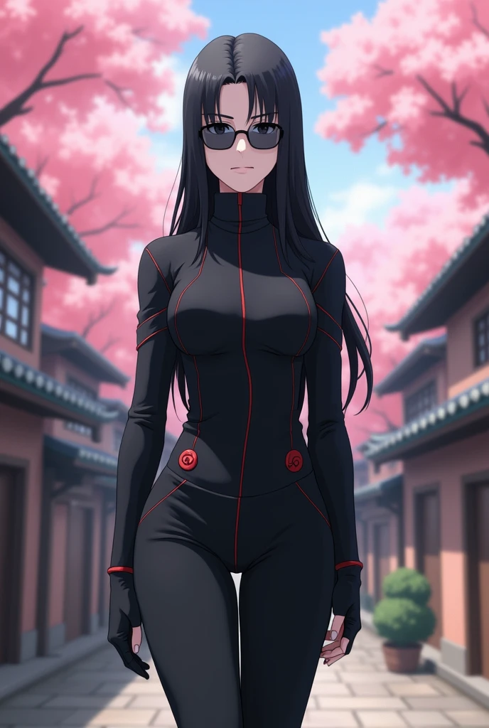 Create a Naruto ninja, 20 years old, de 1,65 inches tall and busty, pale white skin, long straight black hair with no bangs , black eyes, wears glasses and wears black clothes 