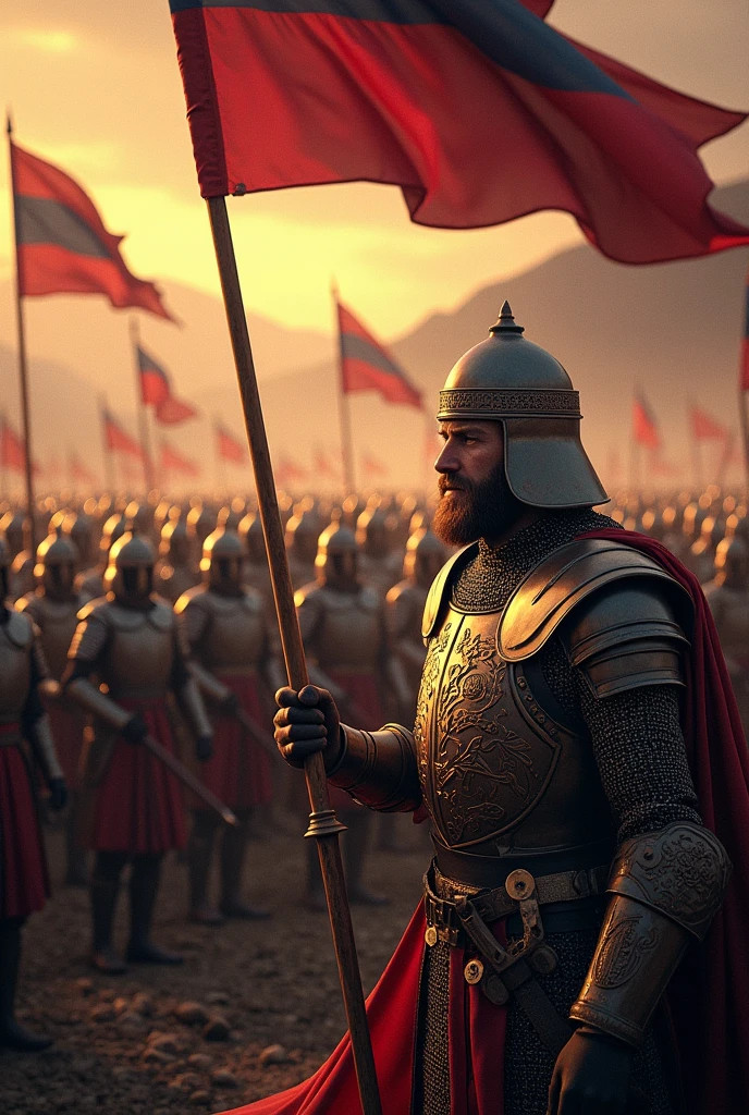 The army of Emperor Dušan the Mighty with Serbian flags in heavy armor
