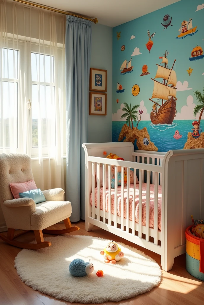 a baby room with ONE PIECE themed wallpaper
